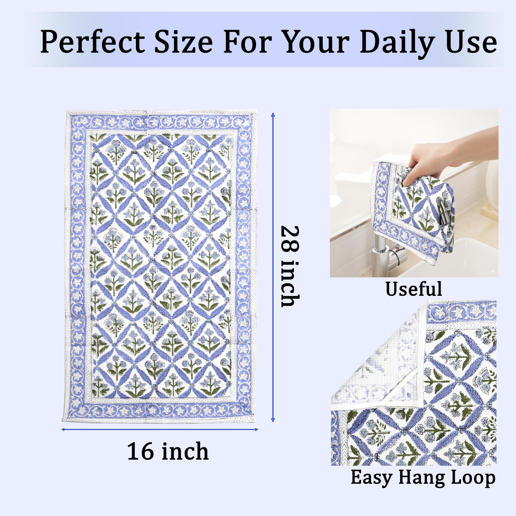 Towel with blue and white pattern, measuring 16x28 inches, shown with a hand holding it and a close-up of the design.