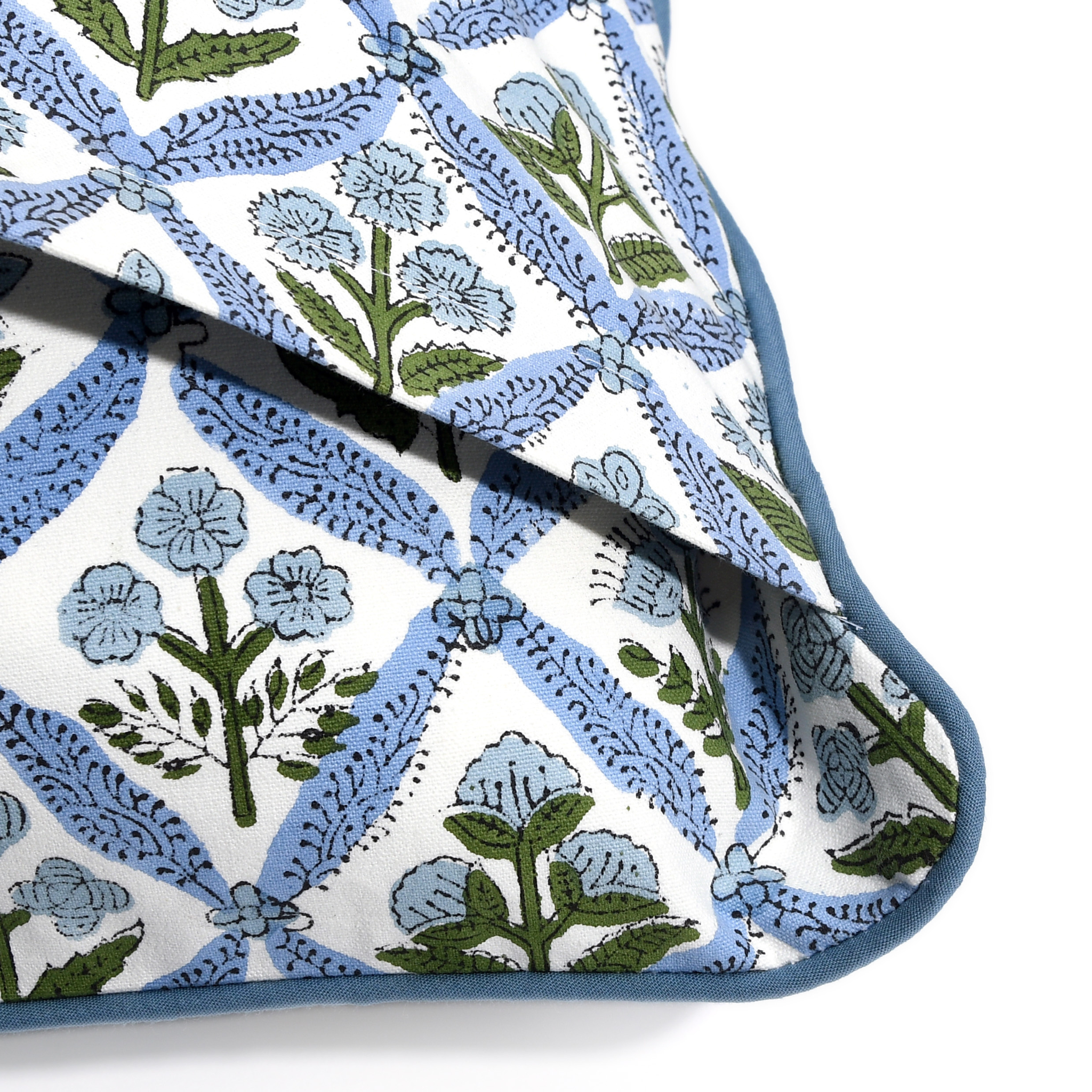Floral patterned fabric with blue and green design on a white background
