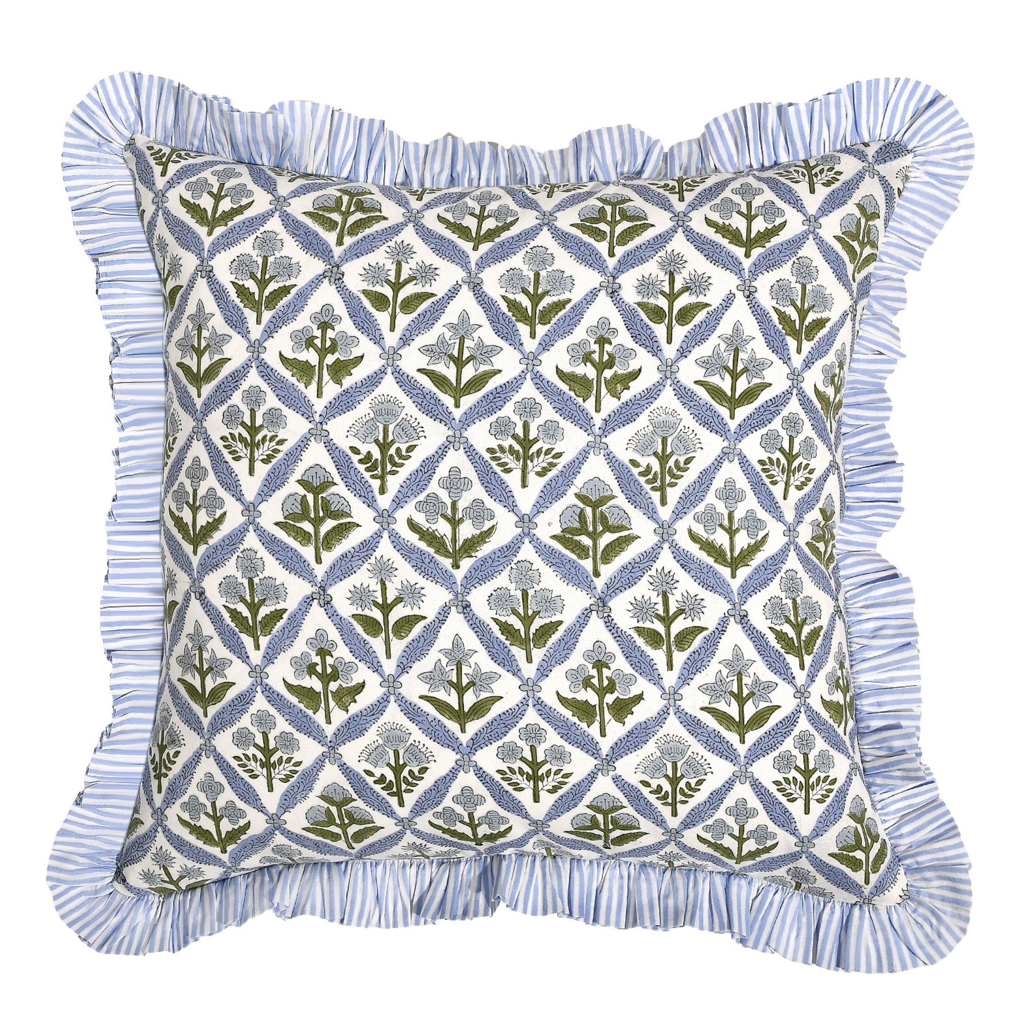 Decorative pillow with geometric floral pattern and blue ruffled edge on a white background
