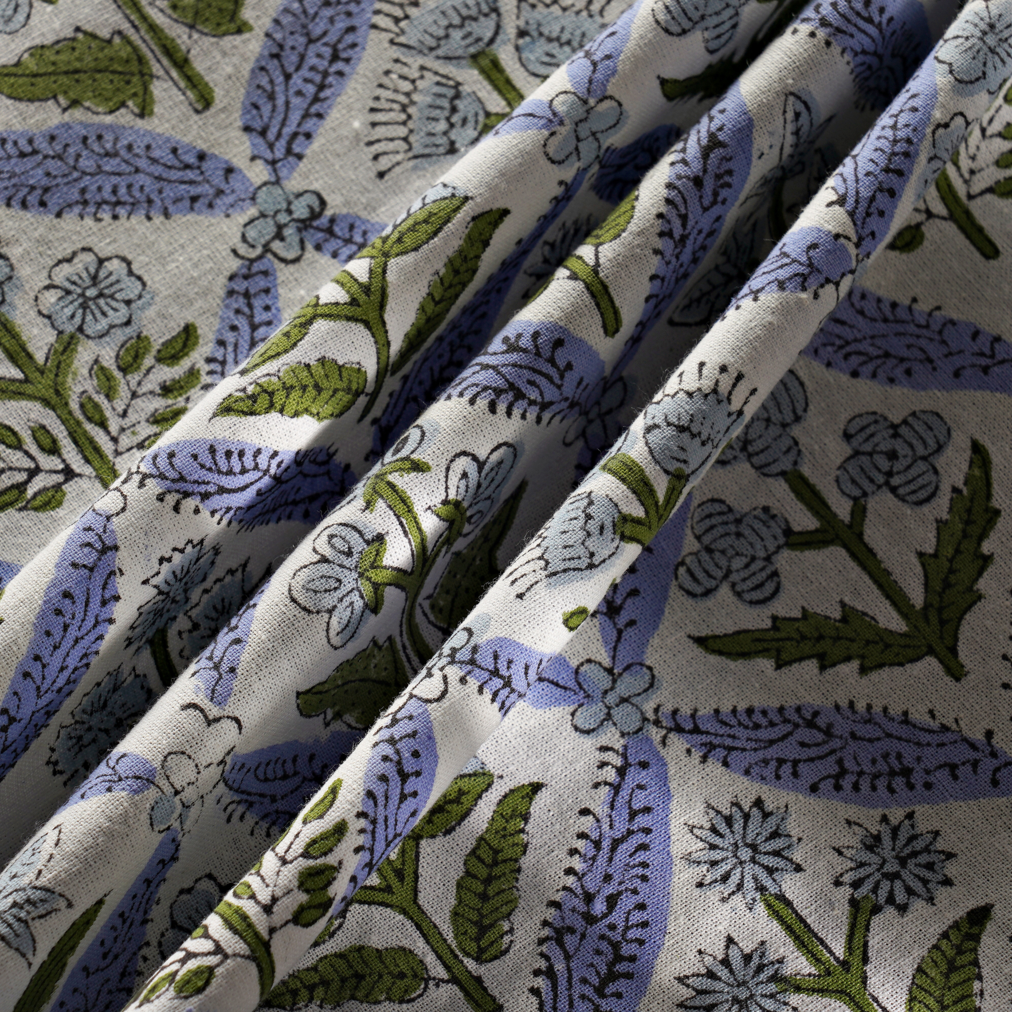 Close-up of floral patterned fabric with blue, green, and white colors.