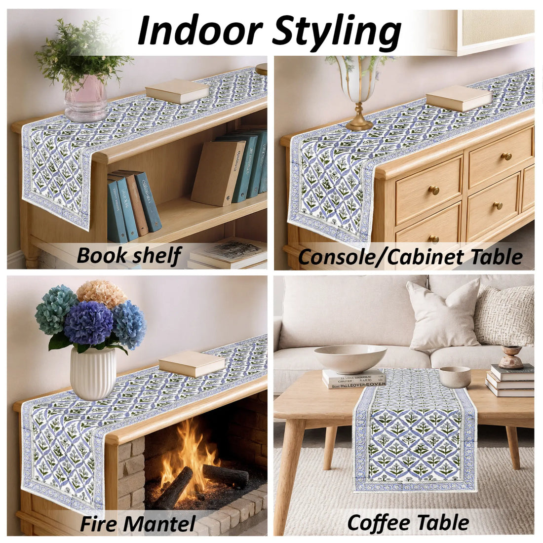 Patterned table runner used on bookshelf, console cabinet, fire mantel, and coffee table.