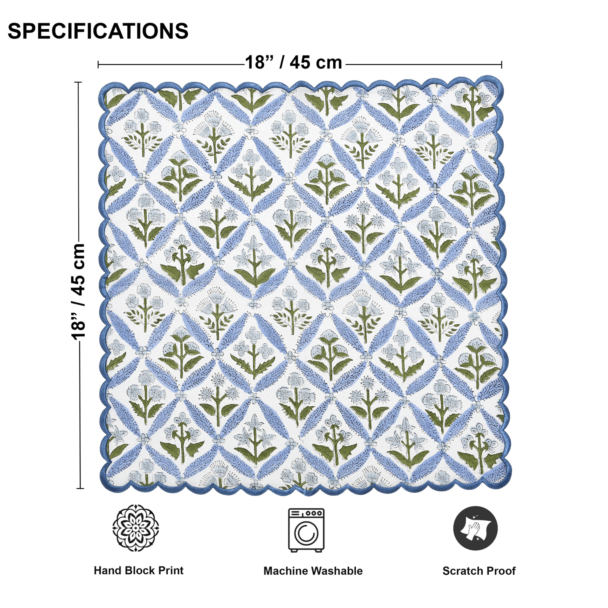 Patterned mat with dimensions and care instructions on a white background