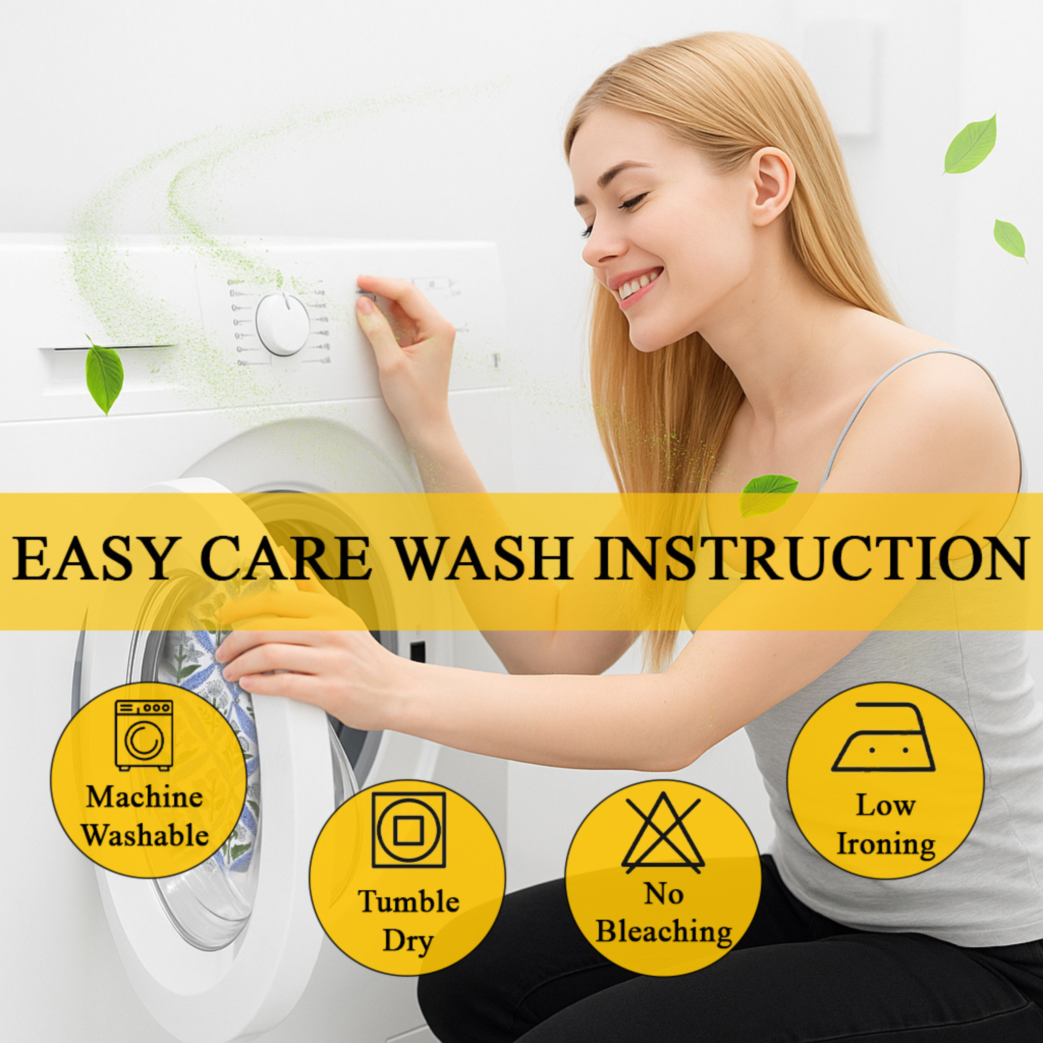 Woman interacting with a washing machine with 'Easy Care Wash Instruction' text overlay.