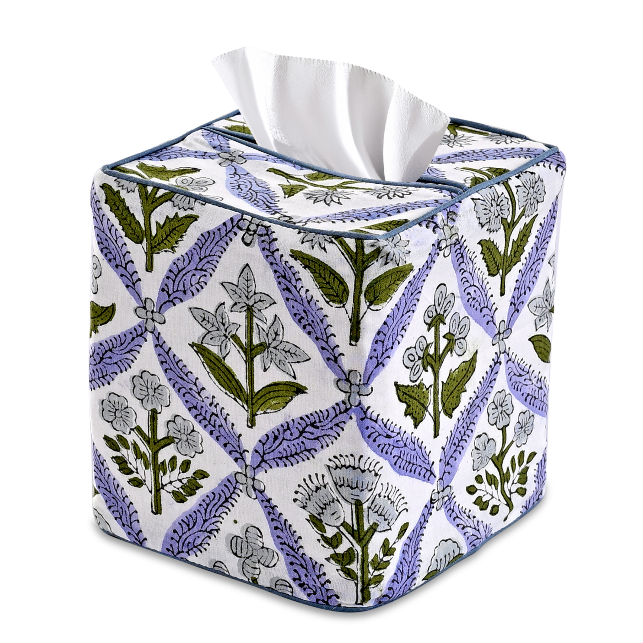 Tissue box cover with floral pattern on a white background