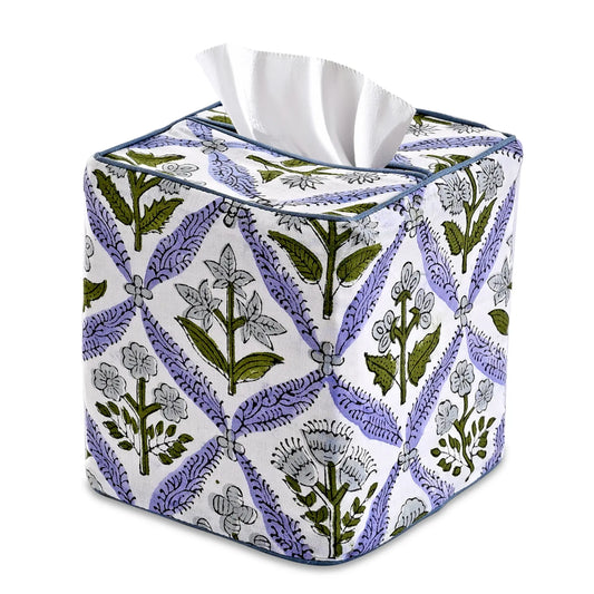 Tissue box cover with floral pattern on a white background