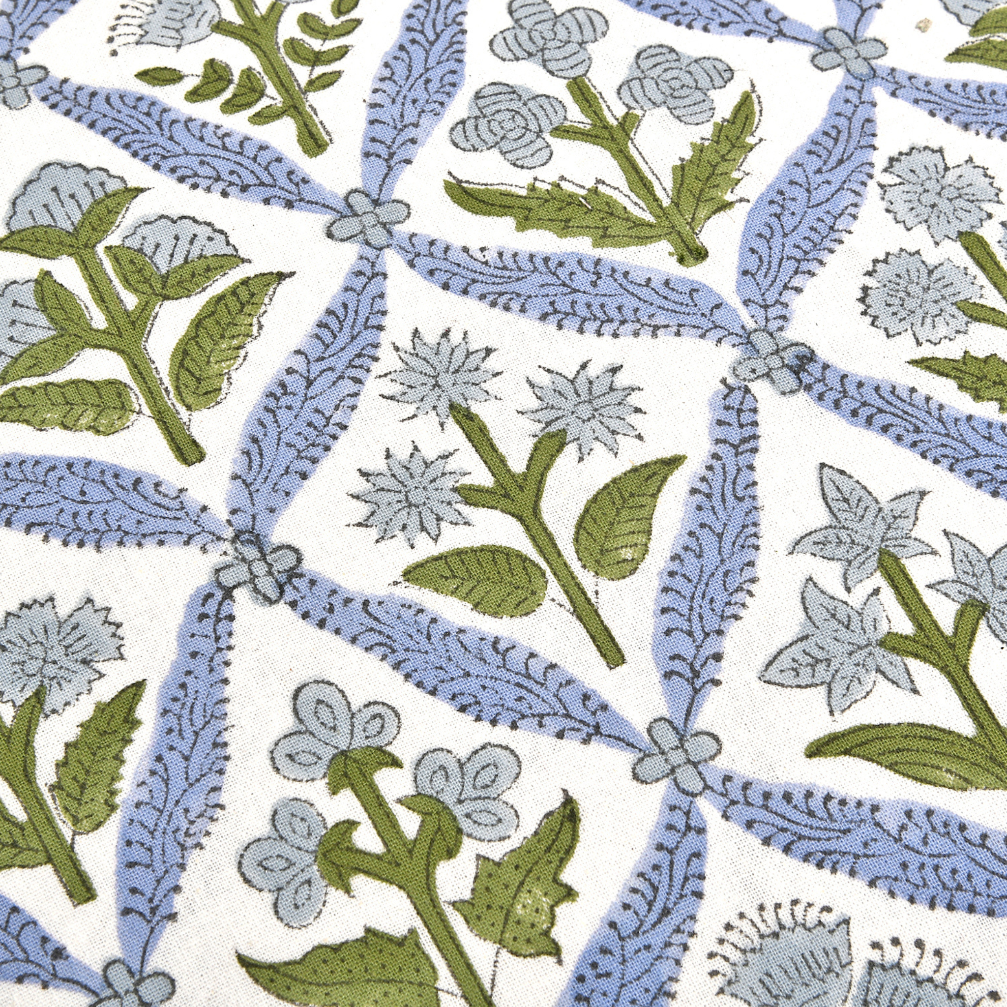 Blue floral Indian hand block print cotton fabric pattern close-up.