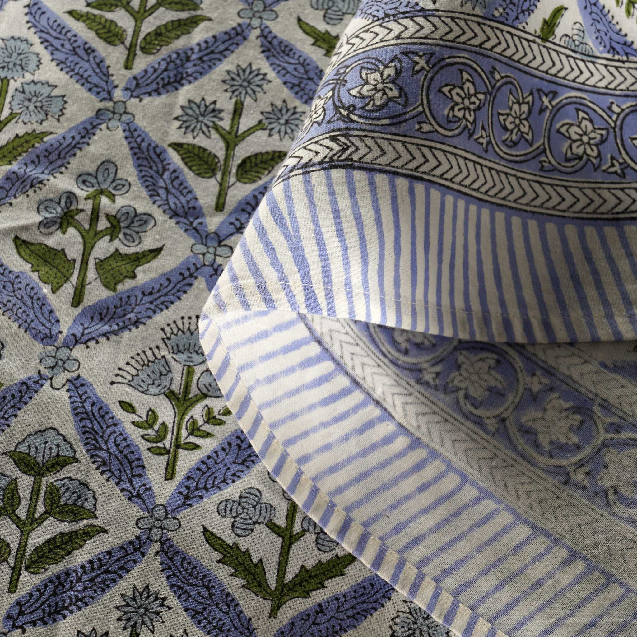 Close-up of patterned fabric with blue and white stripes and floral designs.