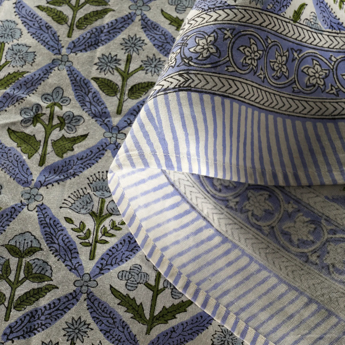 Close-up of patterned fabric with blue and white stripes and floral designs.