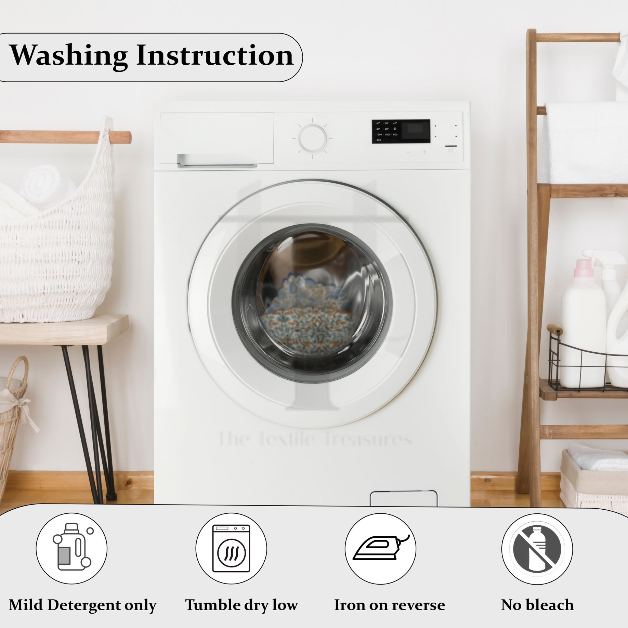 White washing machine in a laundry room with washing instructions displayed.