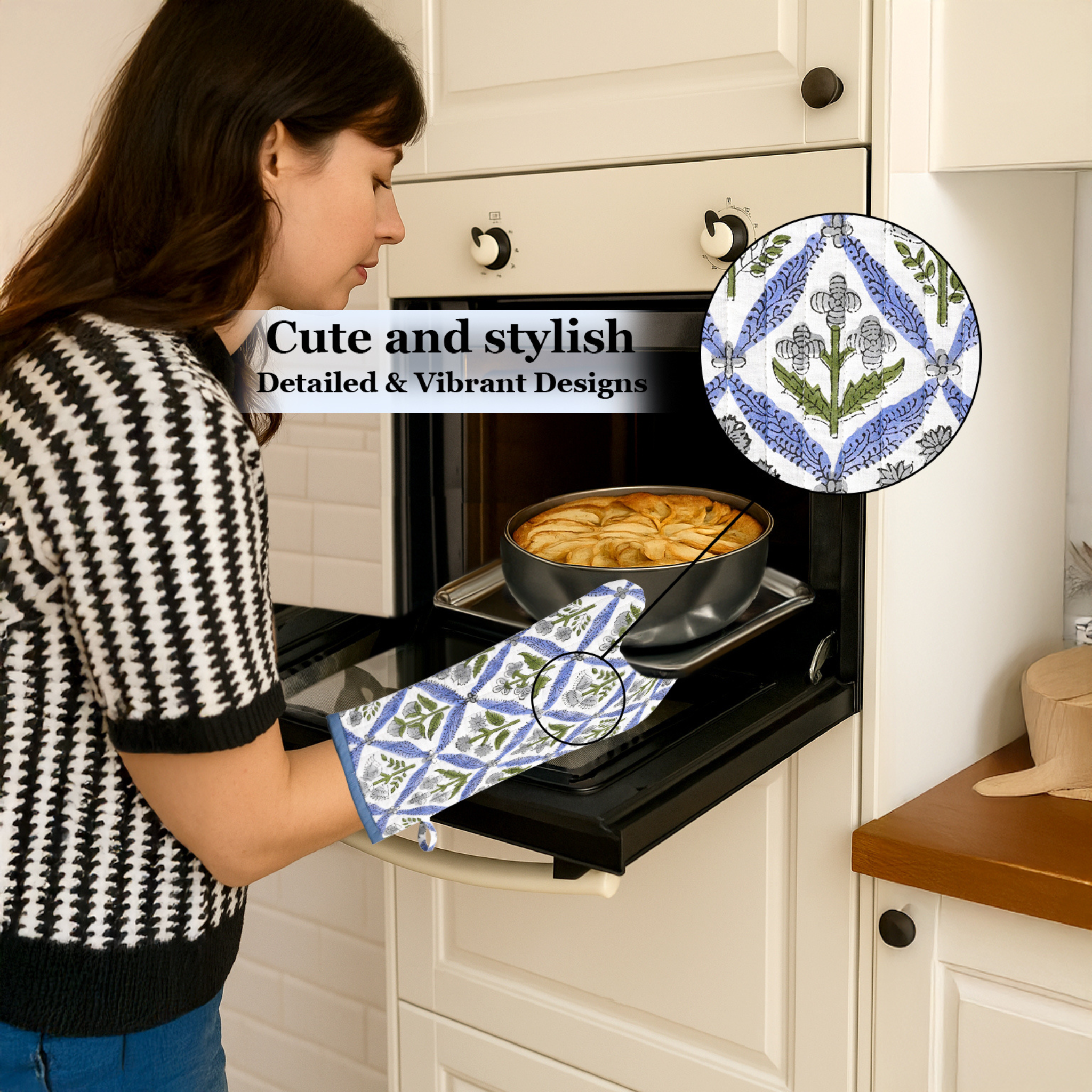 Woman taking a dish out of an oven wearing a patterned oven mitt, with a close-up of the mitt's design.