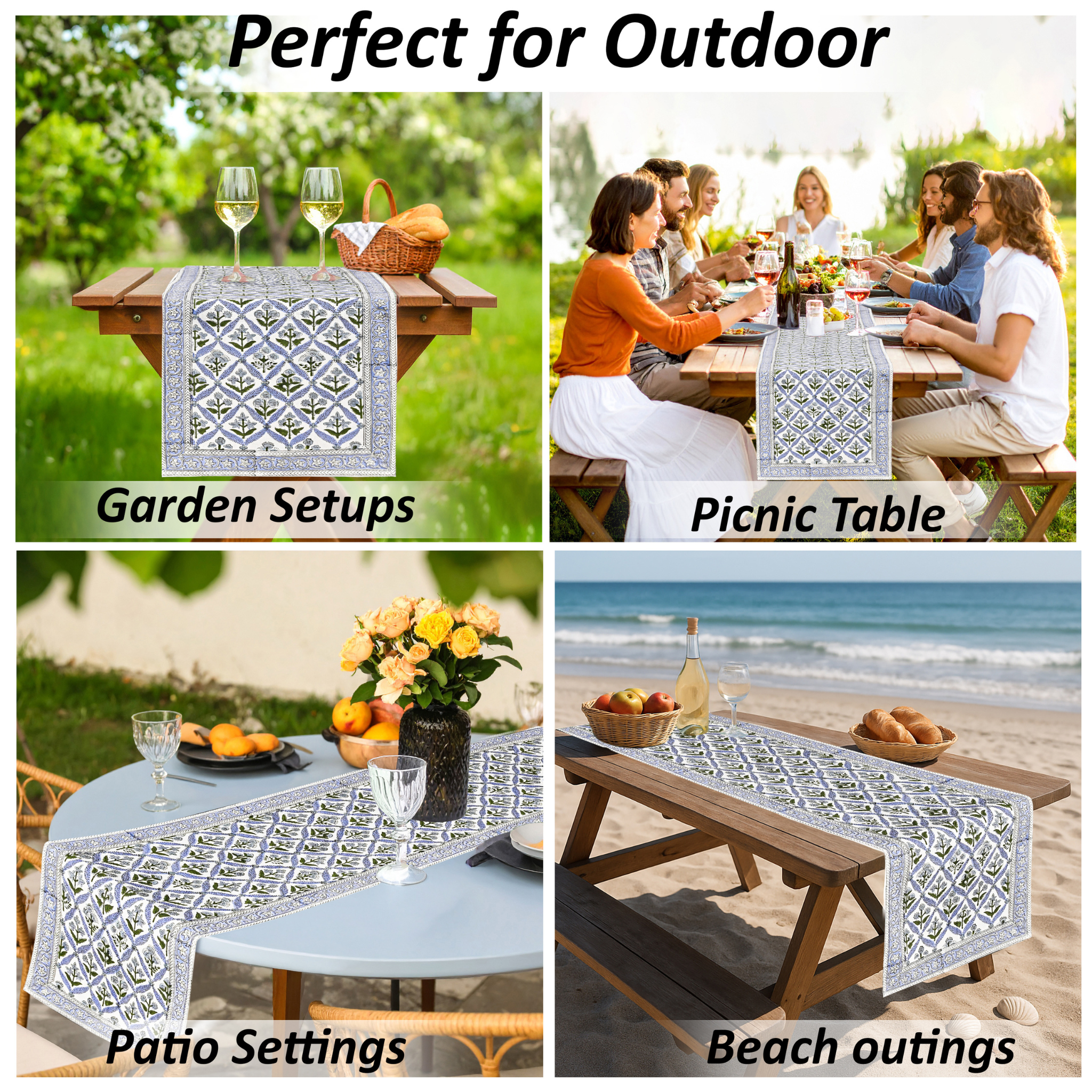 Table runner with geometric pattern used in various outdoor settings including garden, picnic, patio, and beach.
