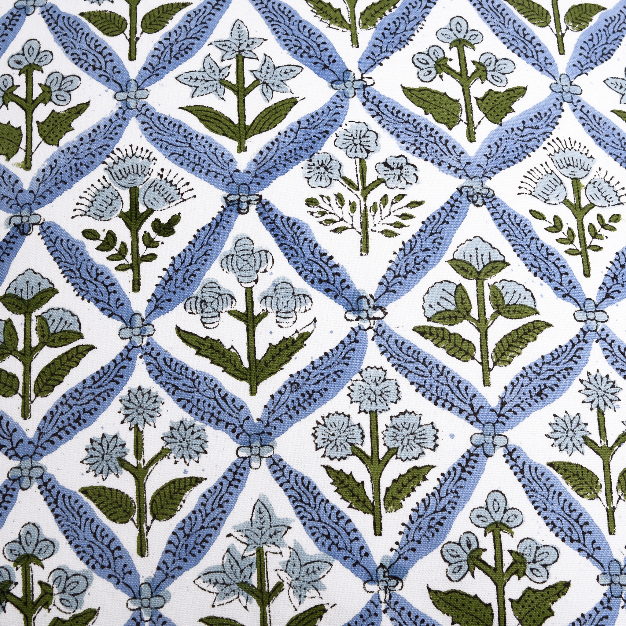 Patterned fabric with blue, green, and white floral design on a white background