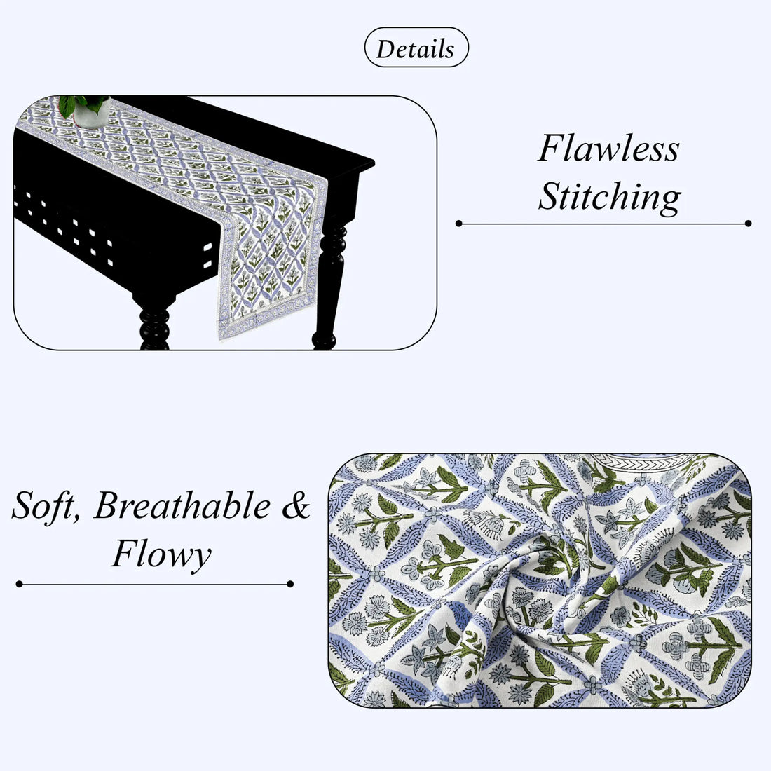 Table runner with floral pattern and text highlighting 'Flawless Stitching' and 'Soft, Breathable & Flowy'.