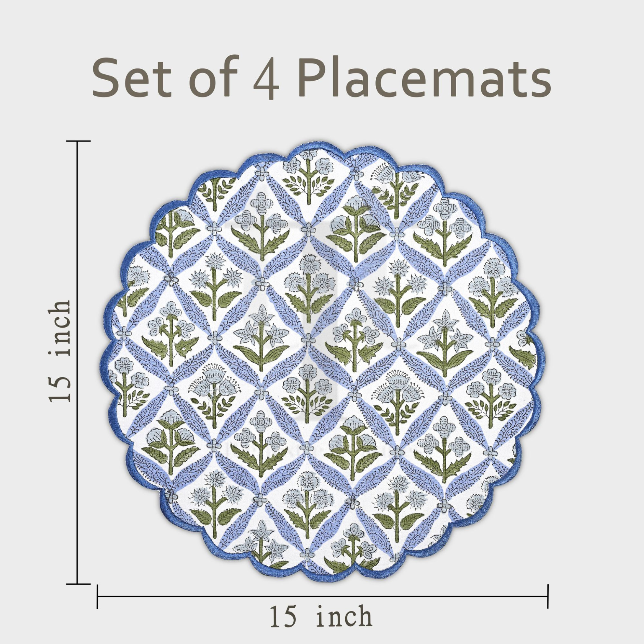 Set of 4 placemats with floral pattern and dimensions on a white background