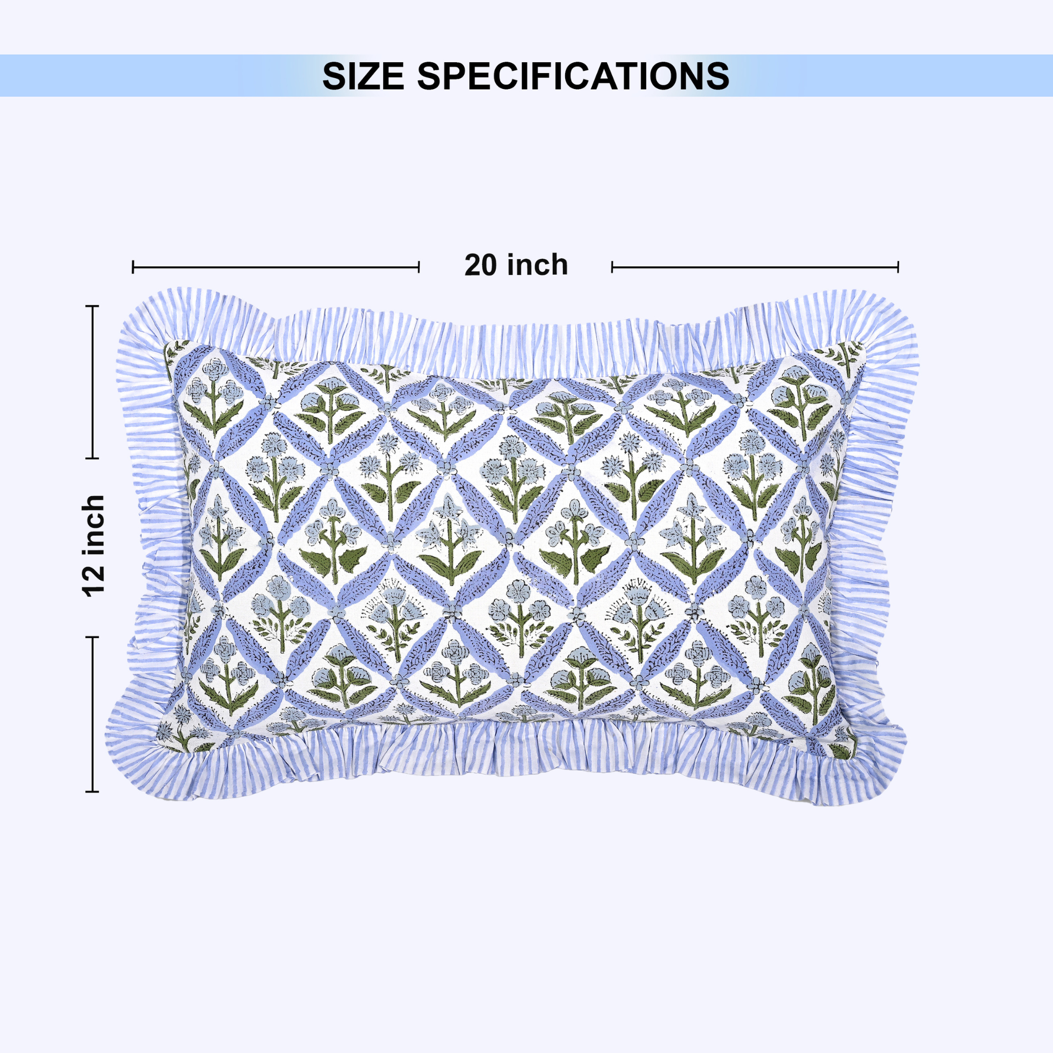 Decorative pillow with floral pattern and dimensions on a white background