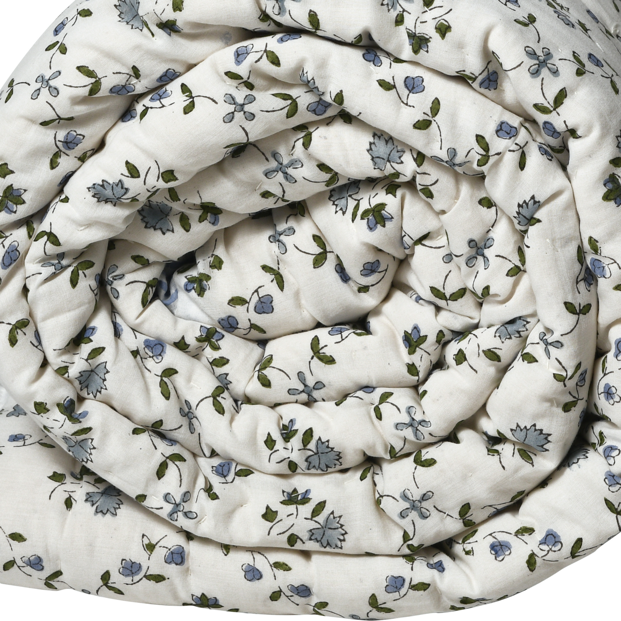 Floral-patterned quilt with blue and green flowers on a white background