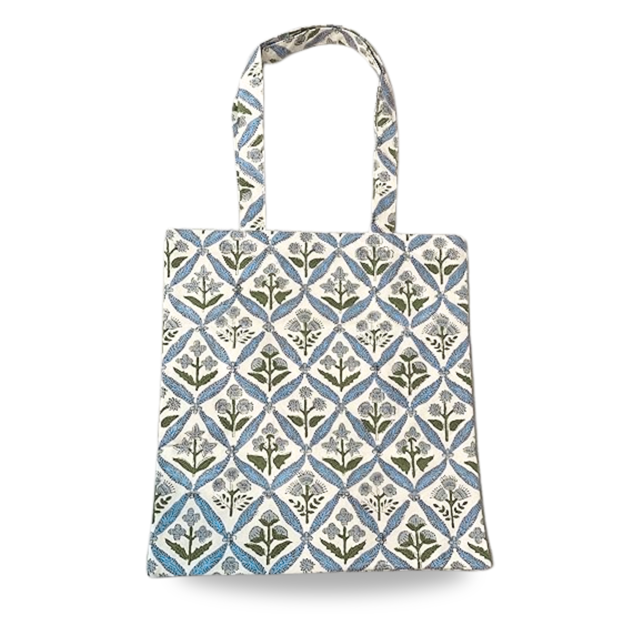 Tote bag with a blue and green geometric pattern on a white background