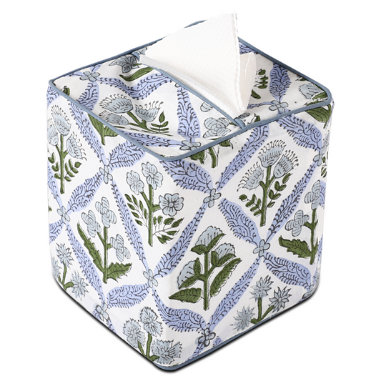 Square tissue box cover with floral pattern on a white background