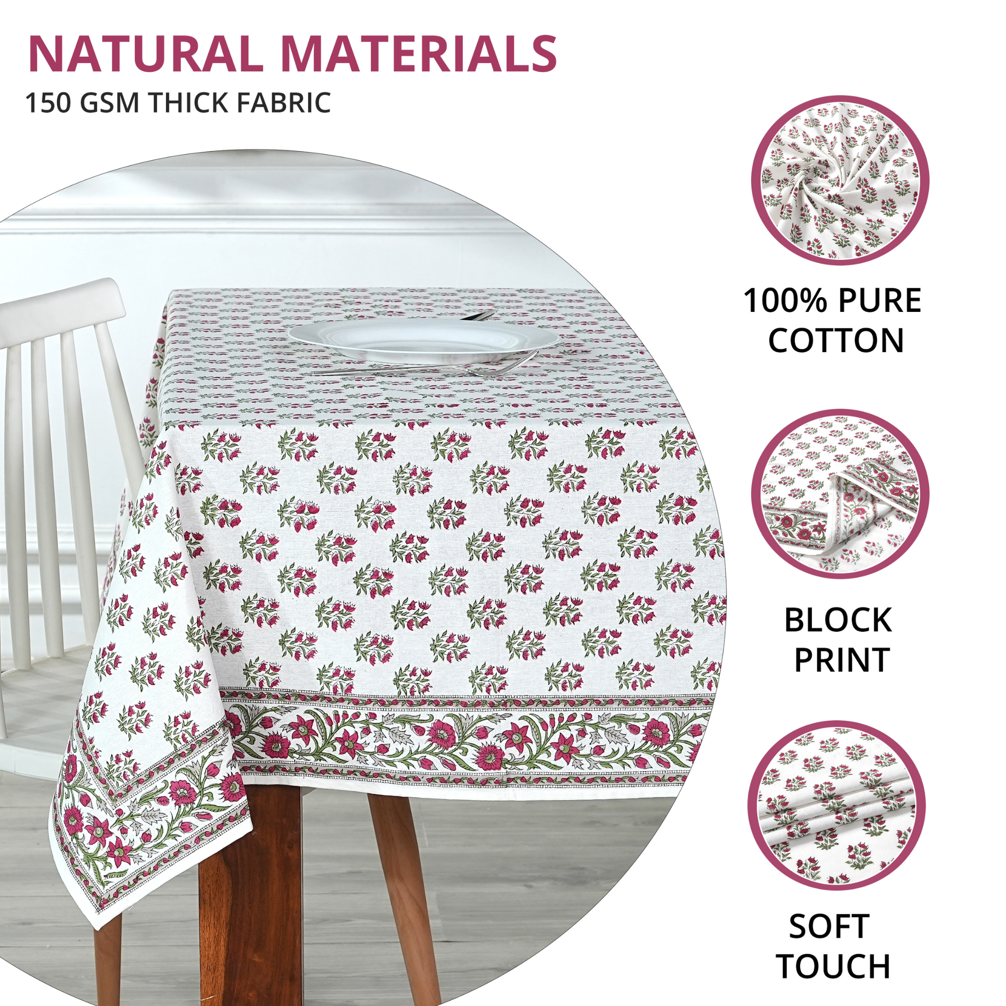 Floral patterned tablecloth on a table with natural materials text and icons.