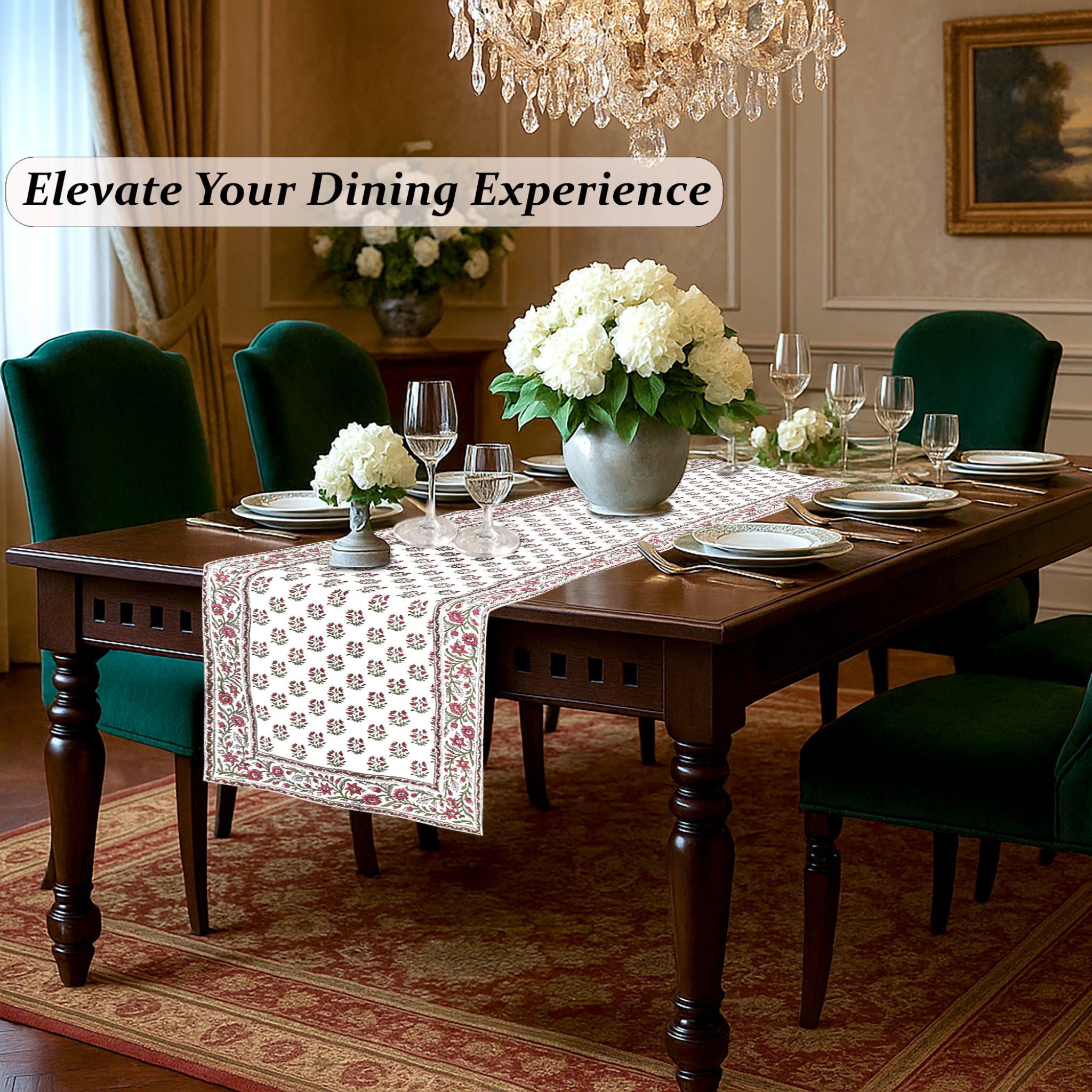 Dining room with a table set for dinner, flowers, and elegant decor.