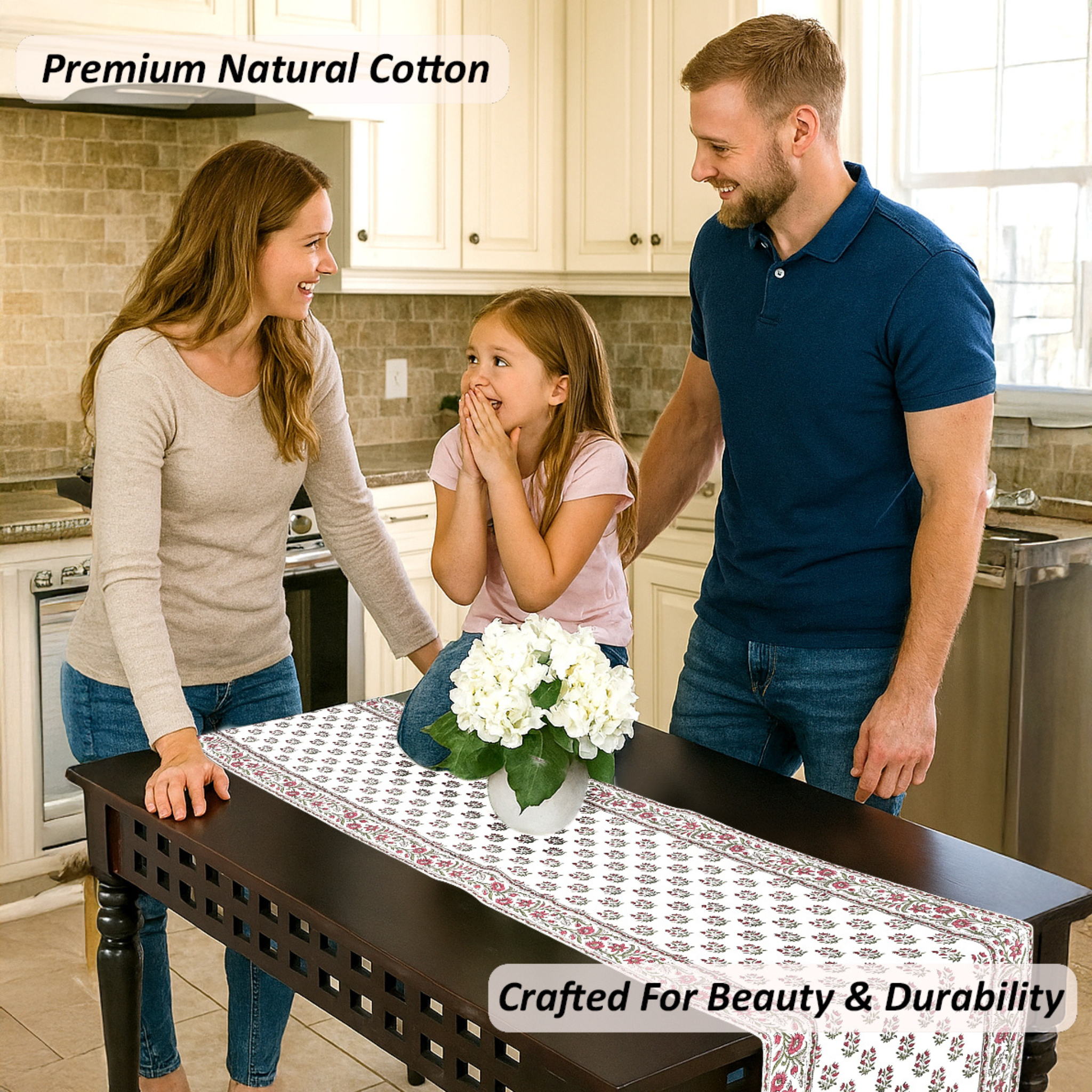 Family in a kitchen with a tablecloth featuring white flowers.