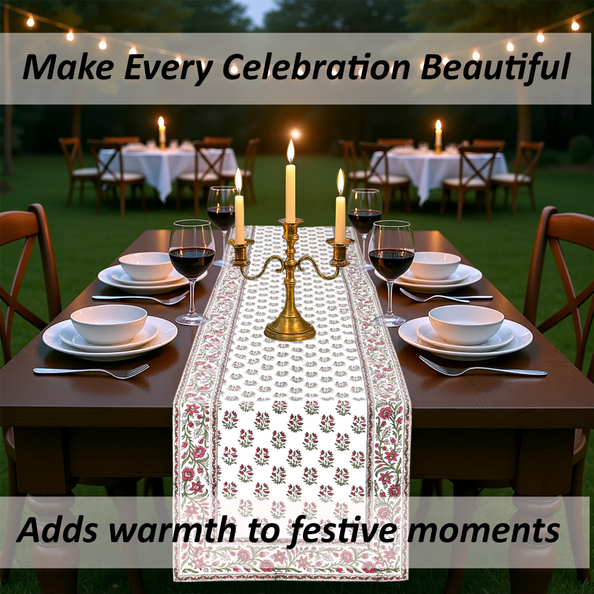 Dining table set for a celebration with candles and a decorative table runner.