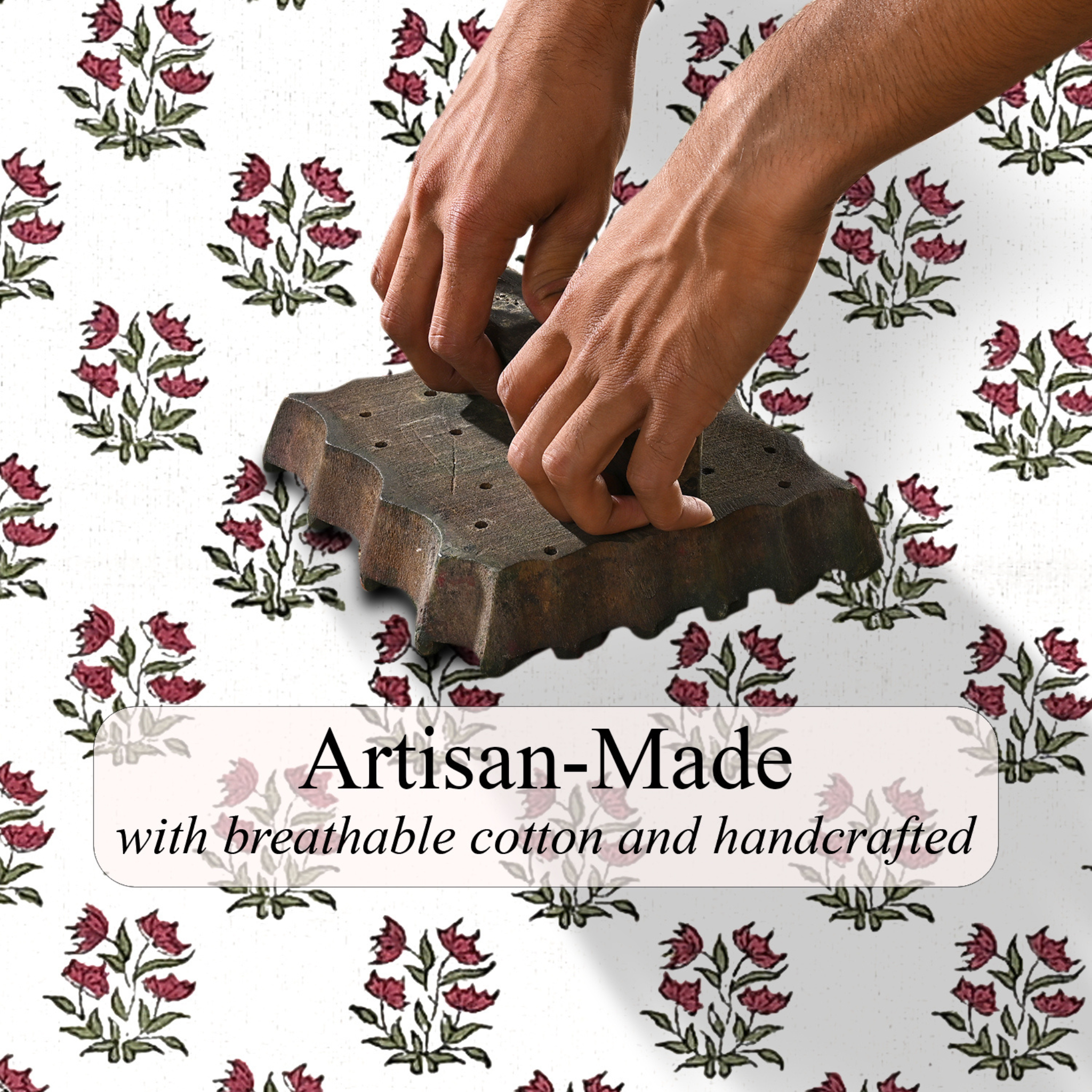Hands pressing a textured object with floral patterned background