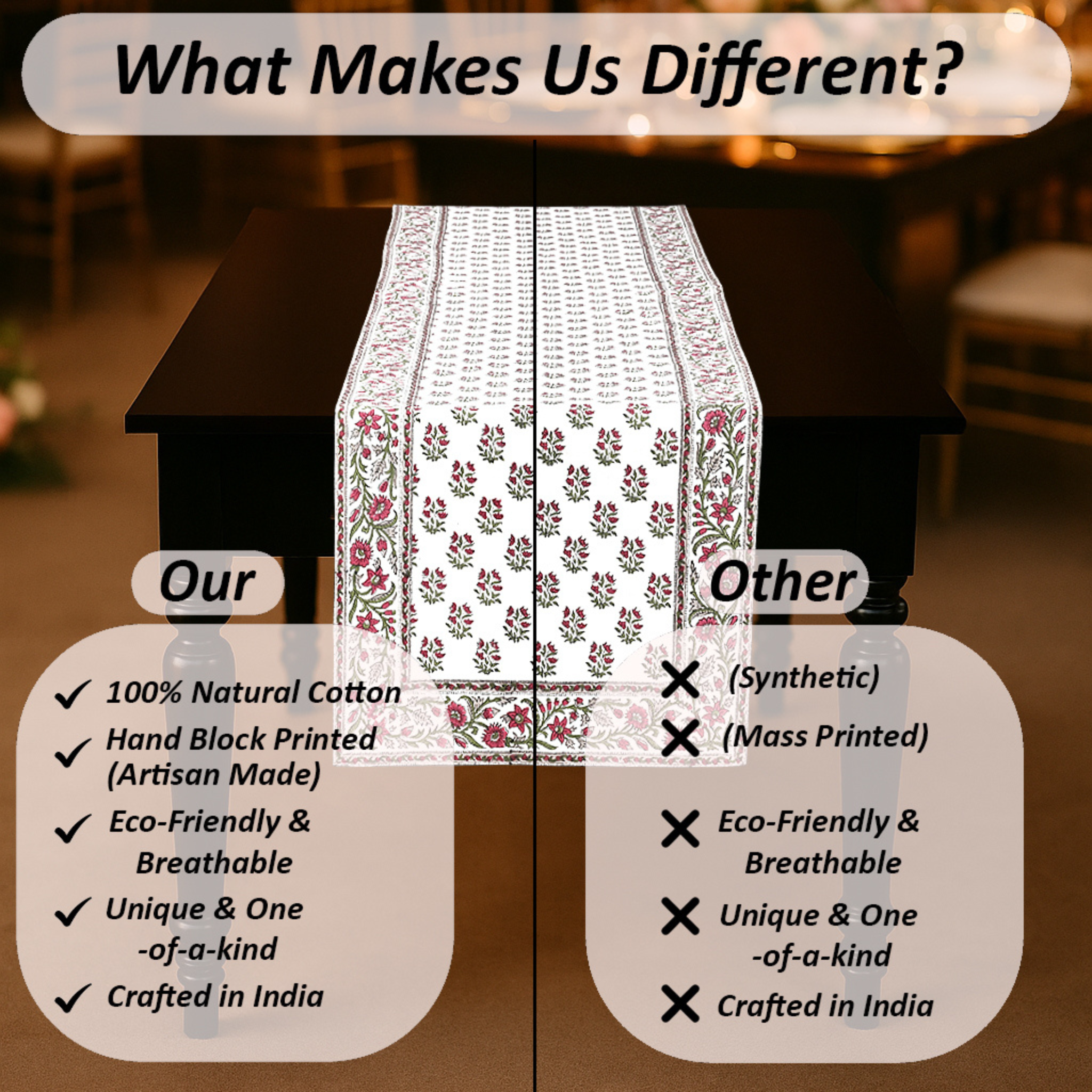 Comparison chart highlighting the differences between a hand-block printed table runner and other types of table runners.