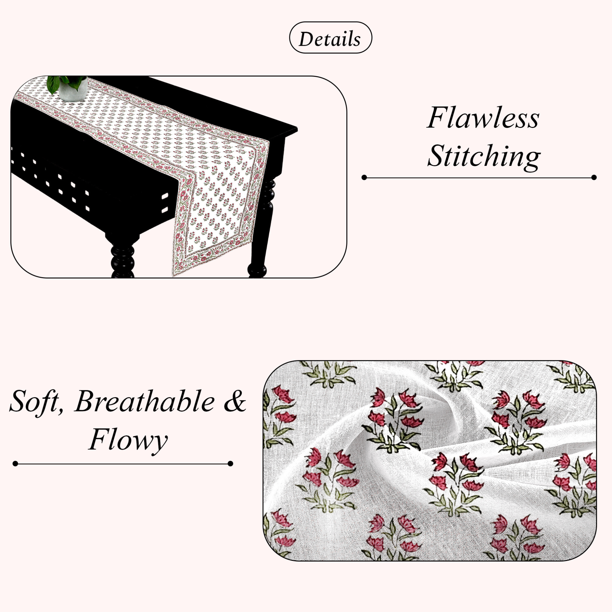 Tablecloth with floral pattern on a table, highlighting 'Flawless Stitching' and 'Soft, Breathable & Flowy' qualities.