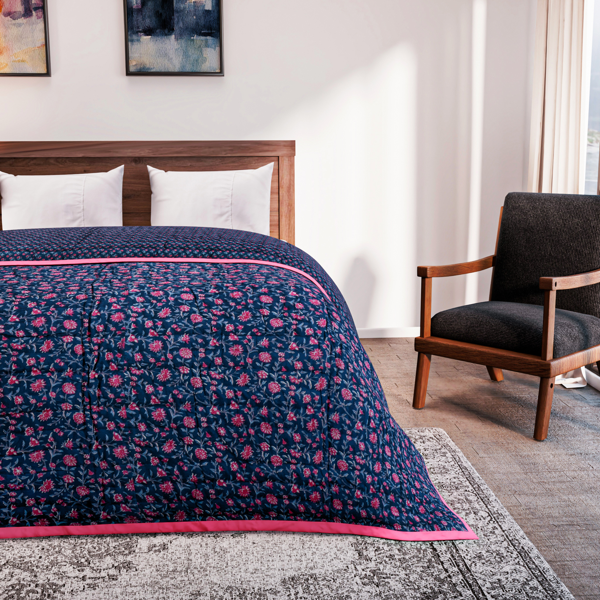 Bed with a floral quilt in a bedroom setting