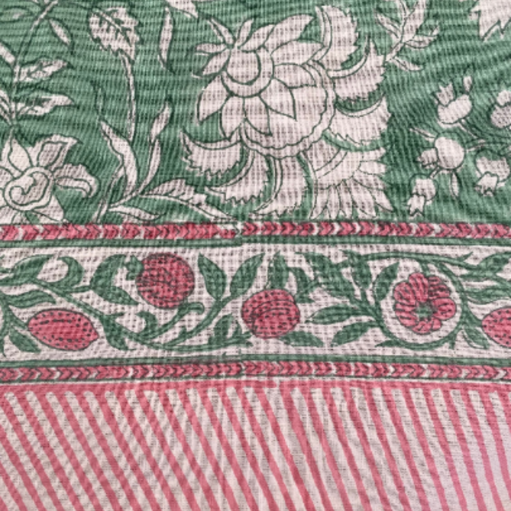 Close-up of a fabric with floral and striped patterns in green, pink, and white.