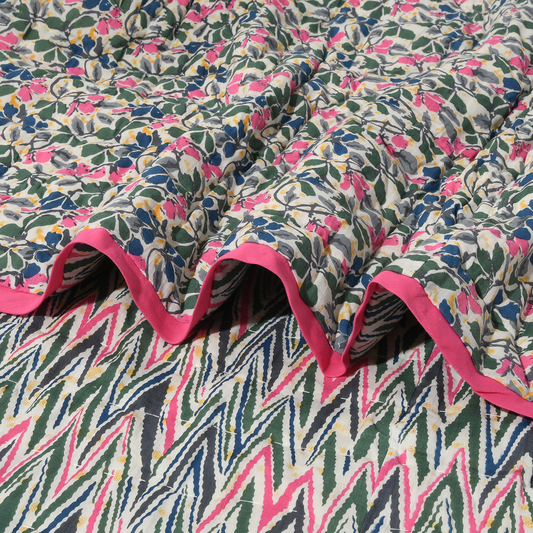 Floral and zigzag patterned fabric with pink trim