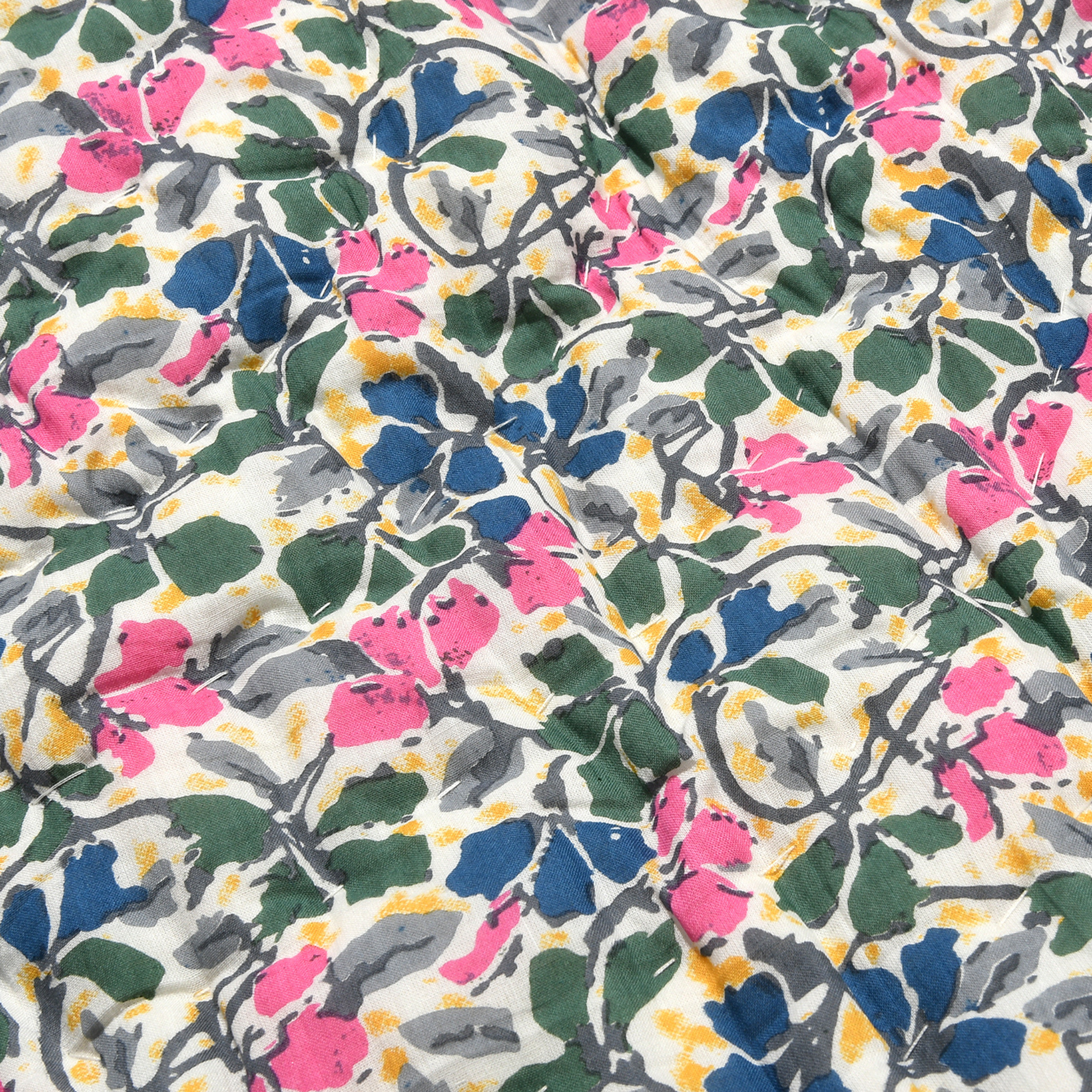Floral patterned fabric with pink, blue, green, and gray flowers on a white background