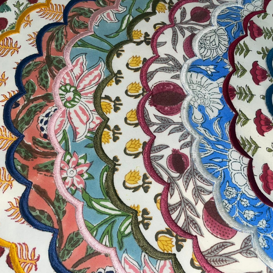 Close-up of colorful embroidered fabric with floral and geometric patterns