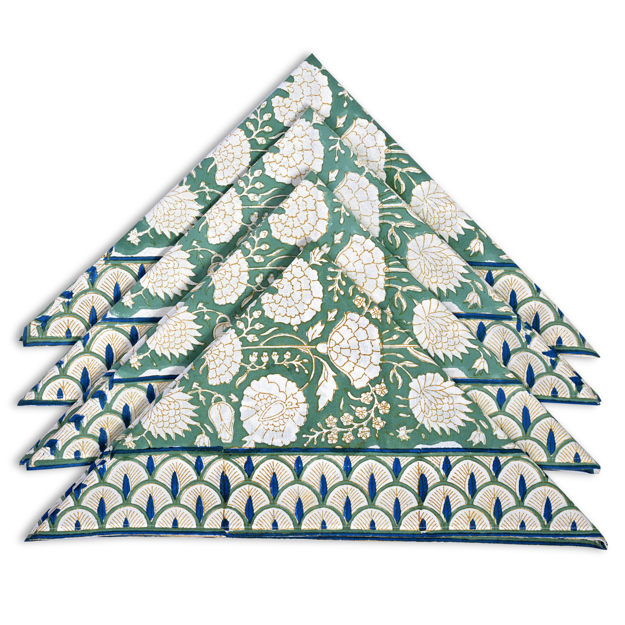 Set of four folded fabric napkins with a floral pattern on a white background