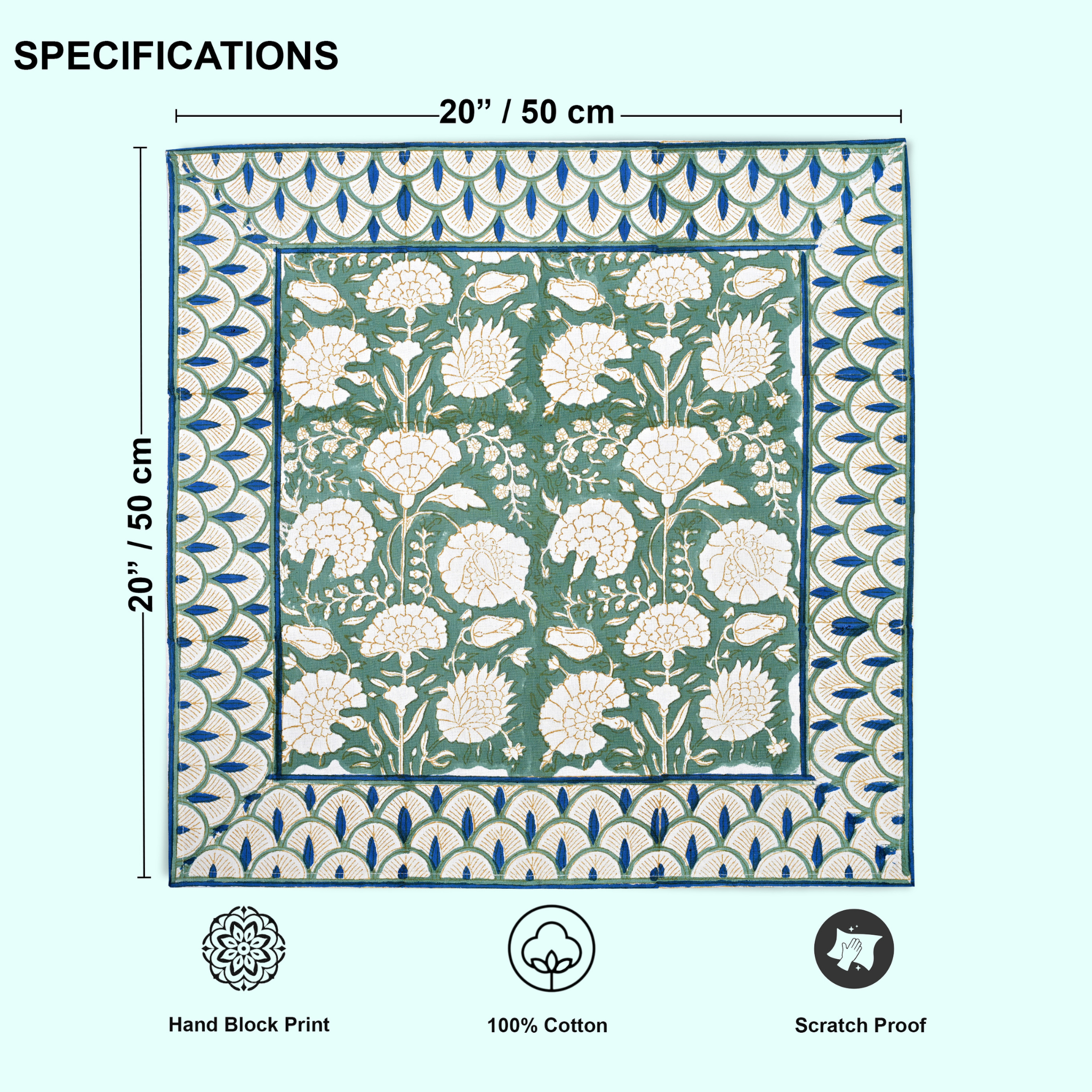 Floral patterned fabric with dimensions and certification icons on a white background