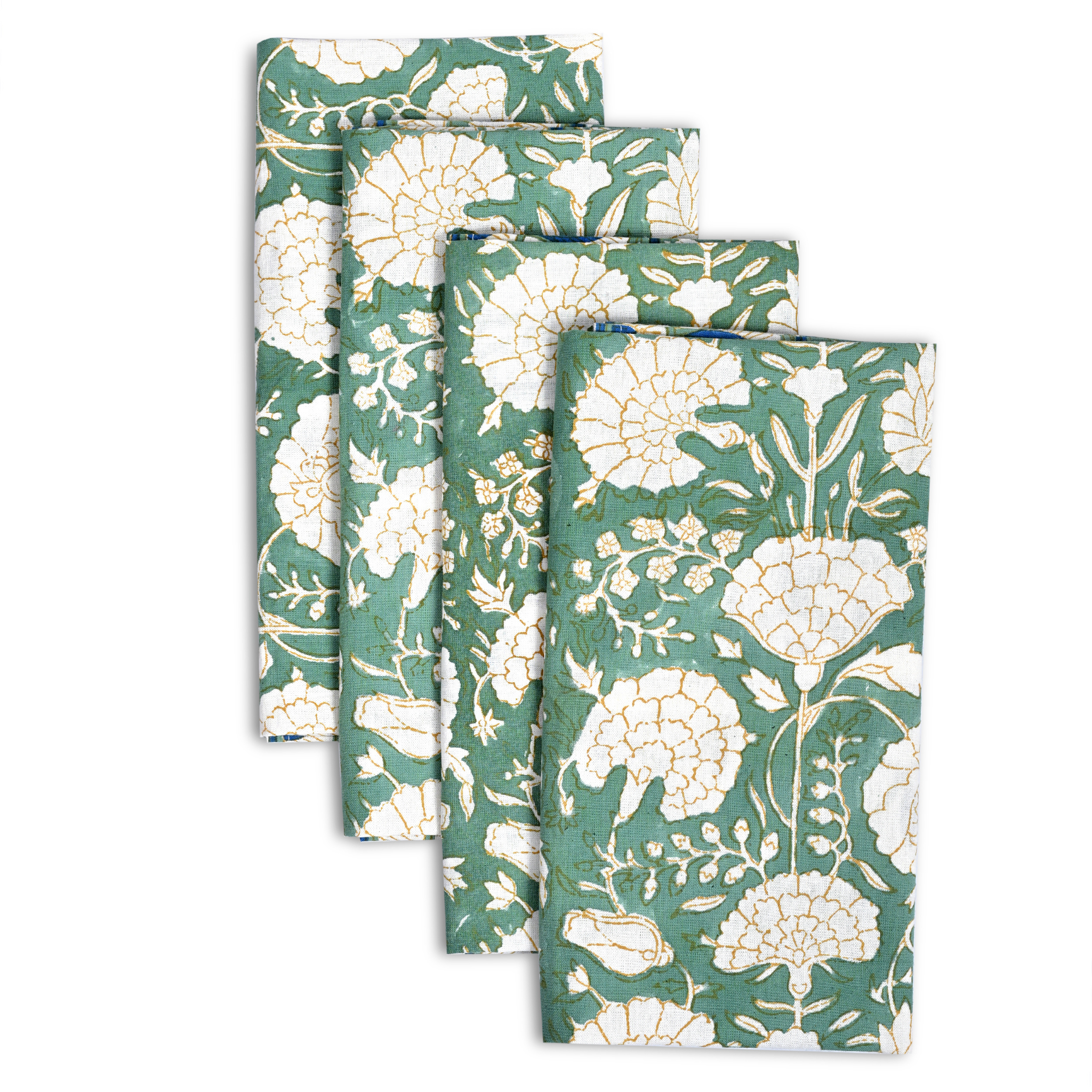 Set of four green floral patterned napkins on a white background