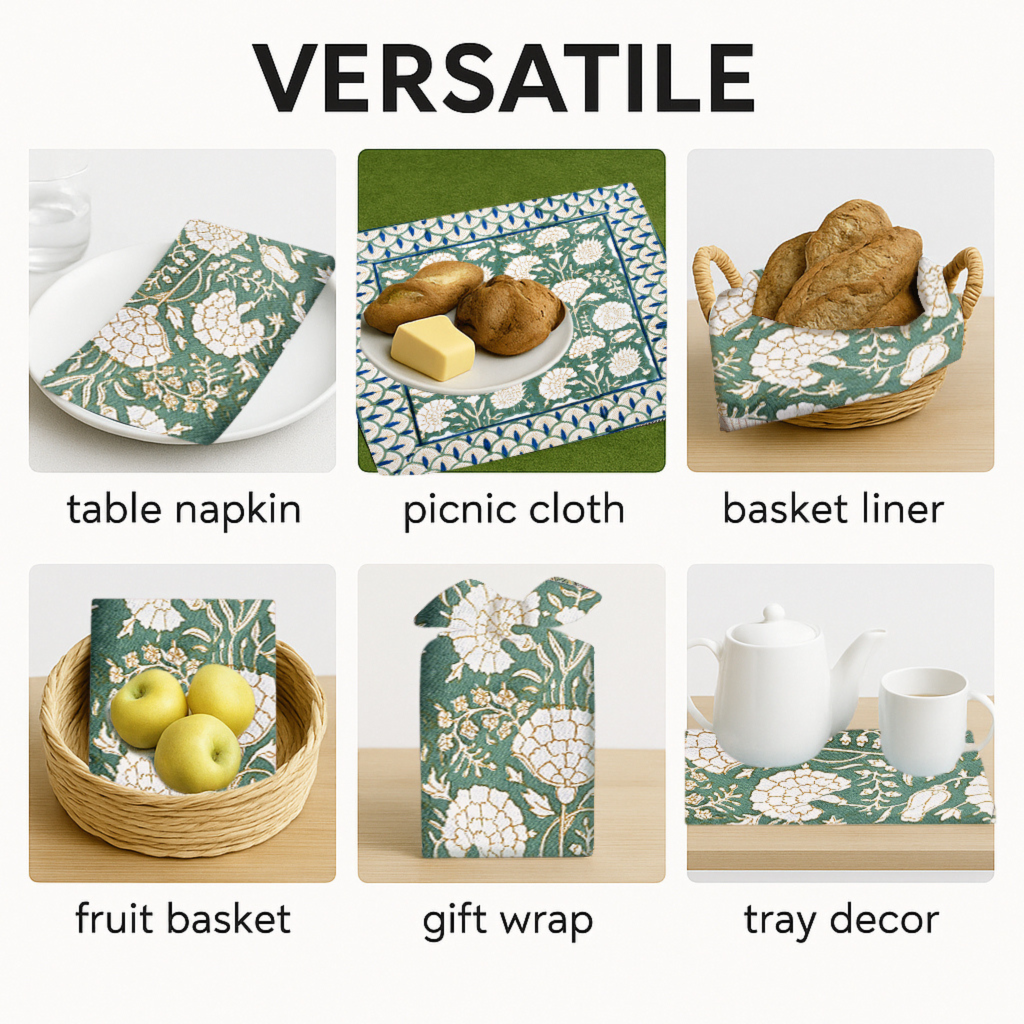 Versatile green floral tableware set including a table napkin, picnic cloth, basket liner, fruit basket, gift wrap, and tray decor.