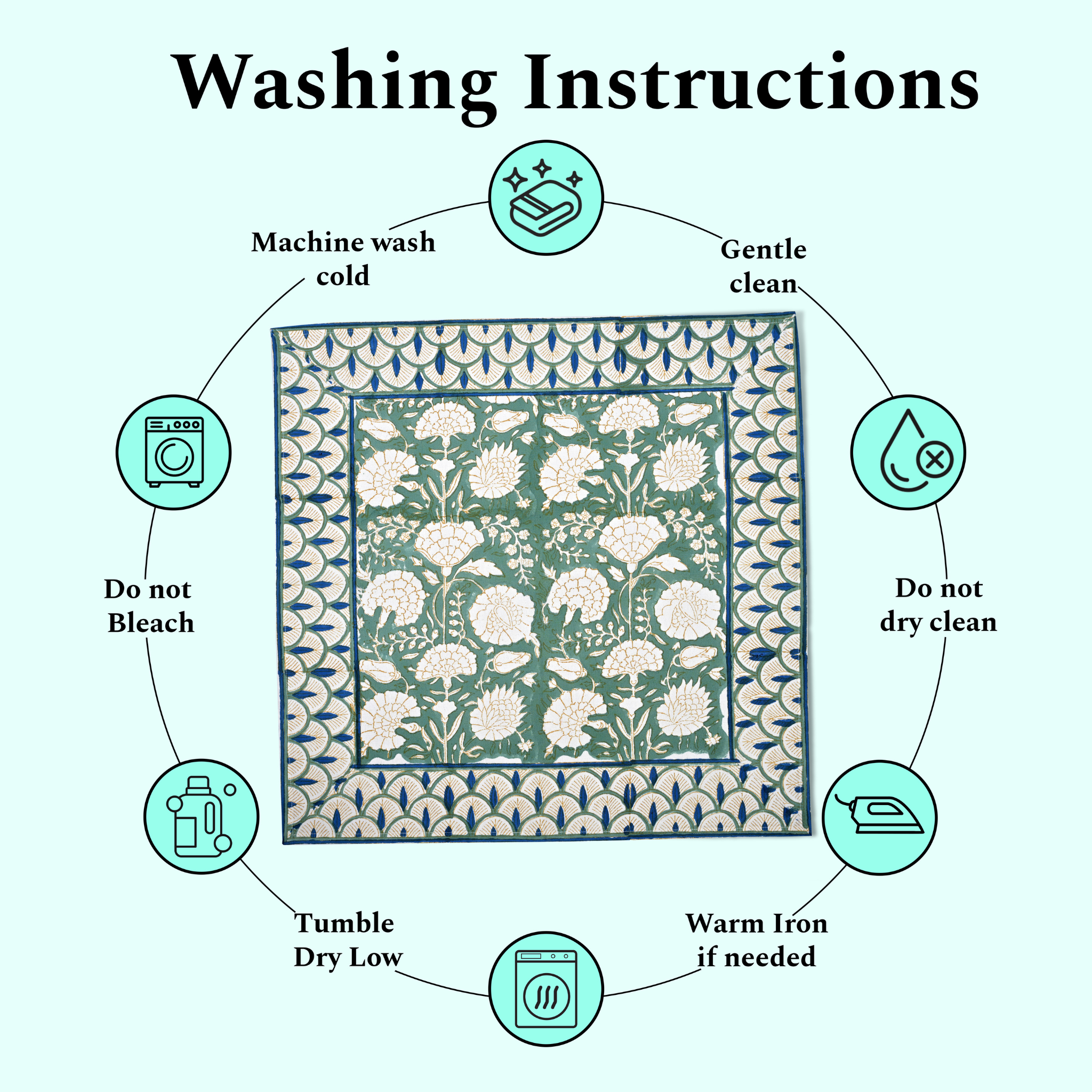 Washing instructions for a fabric product with icons and text on a white background