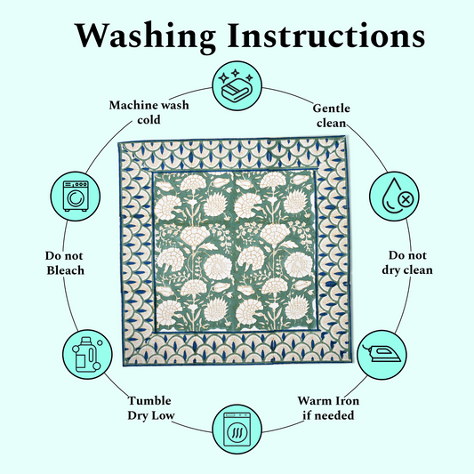 Washing instructions for a fabric product with icons and text on a white background