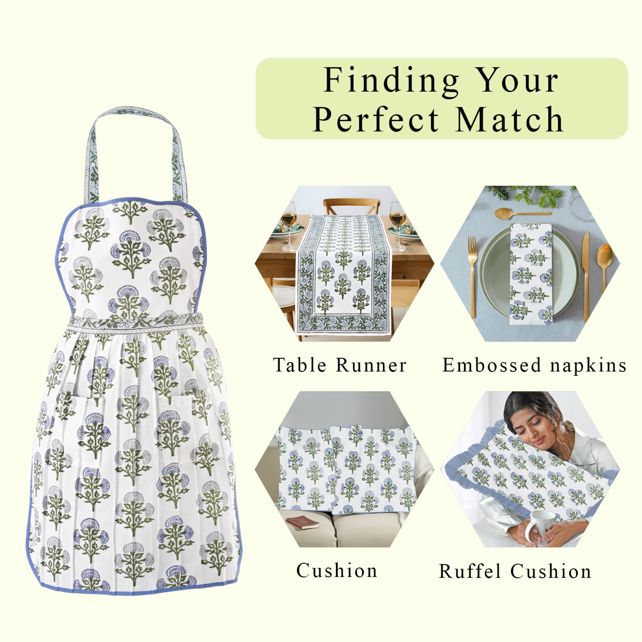 Product display with apron, table runner, embossed napkins, cushion, and ruffel cushion on a white background.