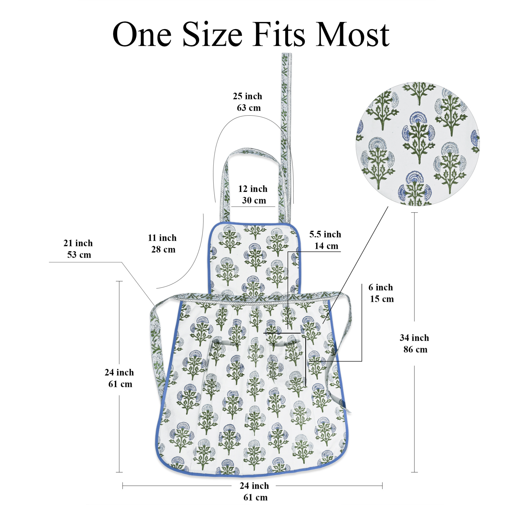 Measurement chart of a floral-patterned apron with dimensions labeled.
