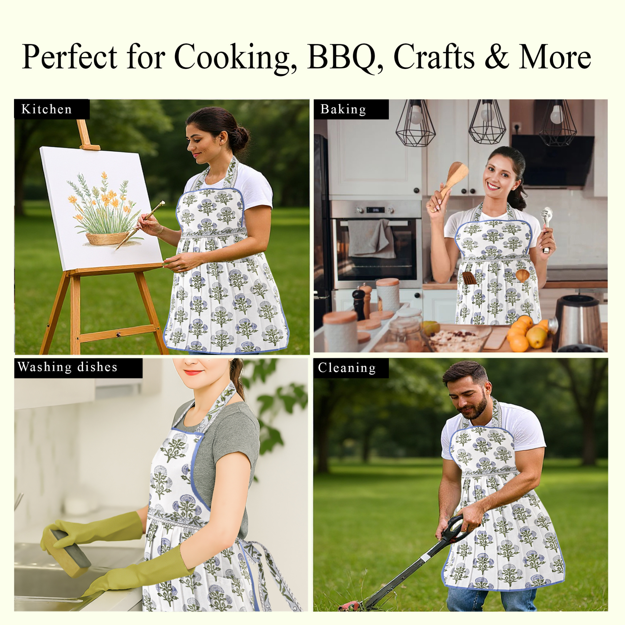 Collage of people wearing aprons in various activities with text 'Perfect for Cooking, BBQ, Crafts & More'.