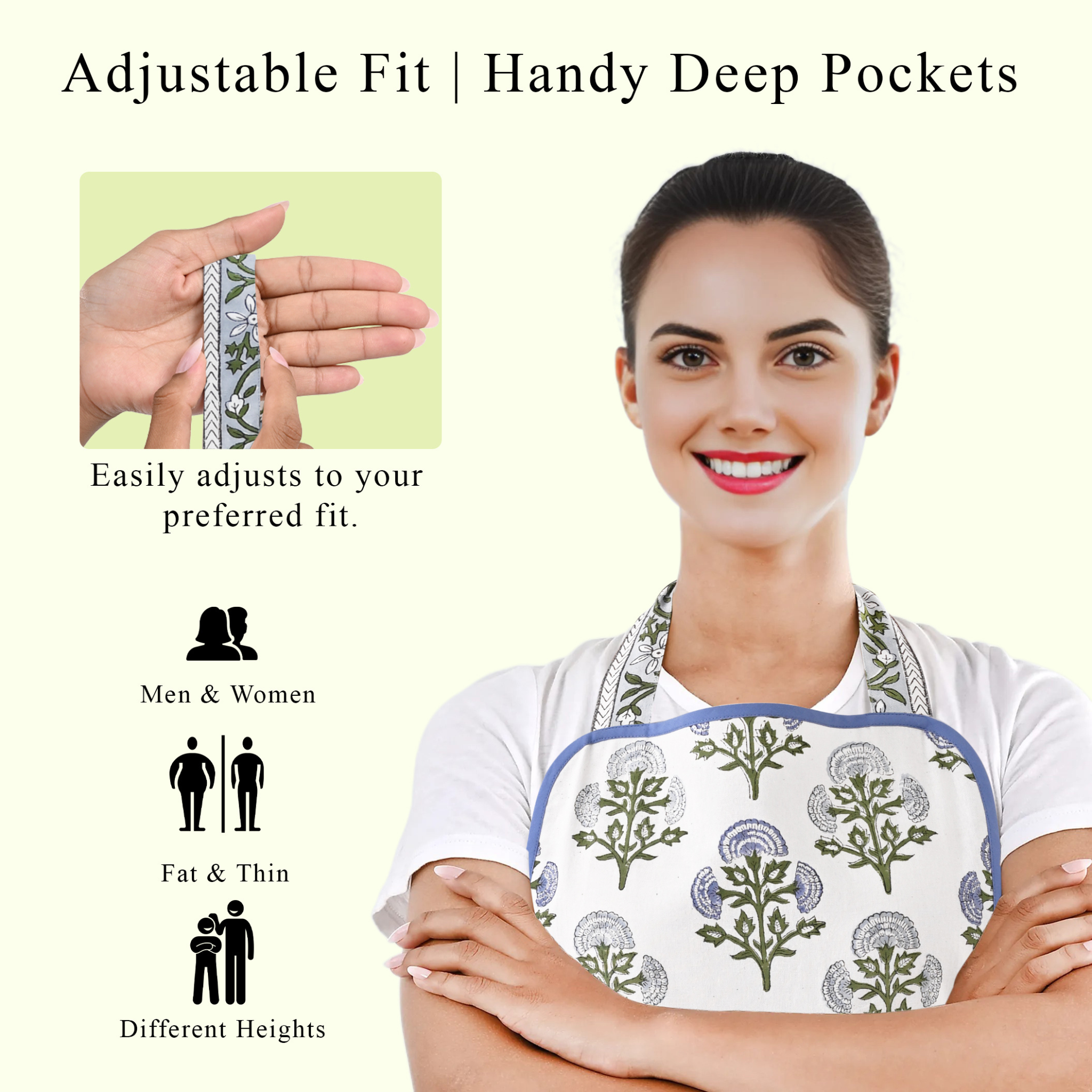 Woman wearing a floral apron with text highlighting adjustable fit and deep pockets.