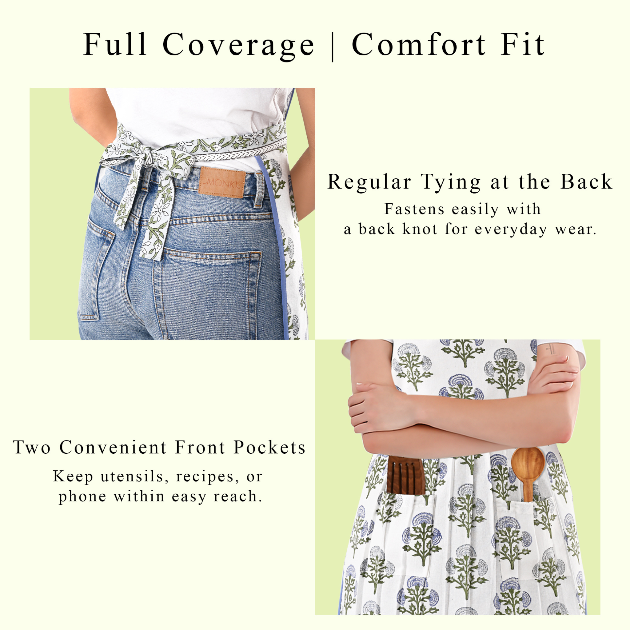 Apron with front pockets and tying at the back, shown on a person wearing jeans.
