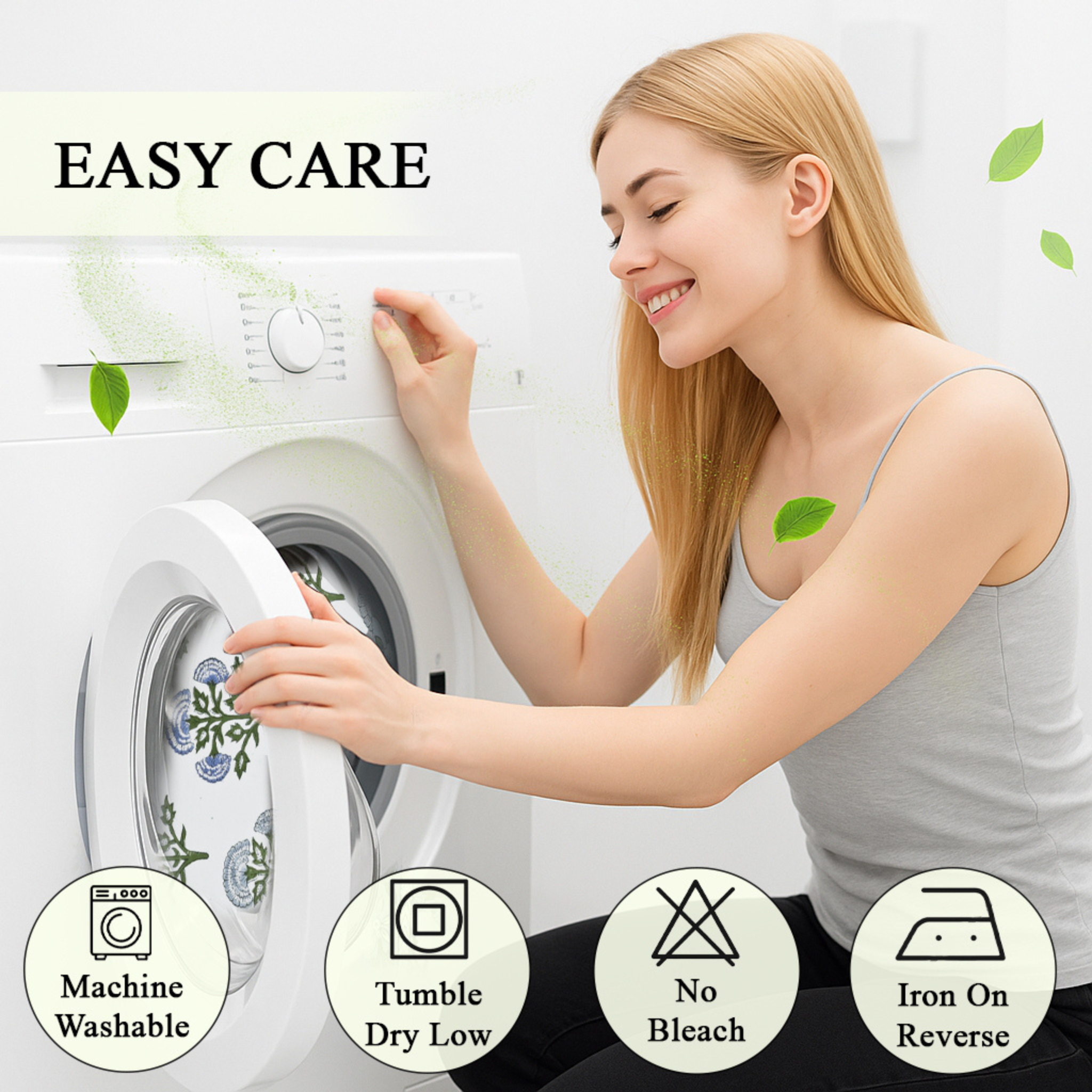 Woman interacting with a washing machine with icons and text indicating care instructions.