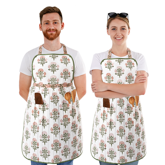 Two people wearing matching aprons with floral patterns and wooden spoons.