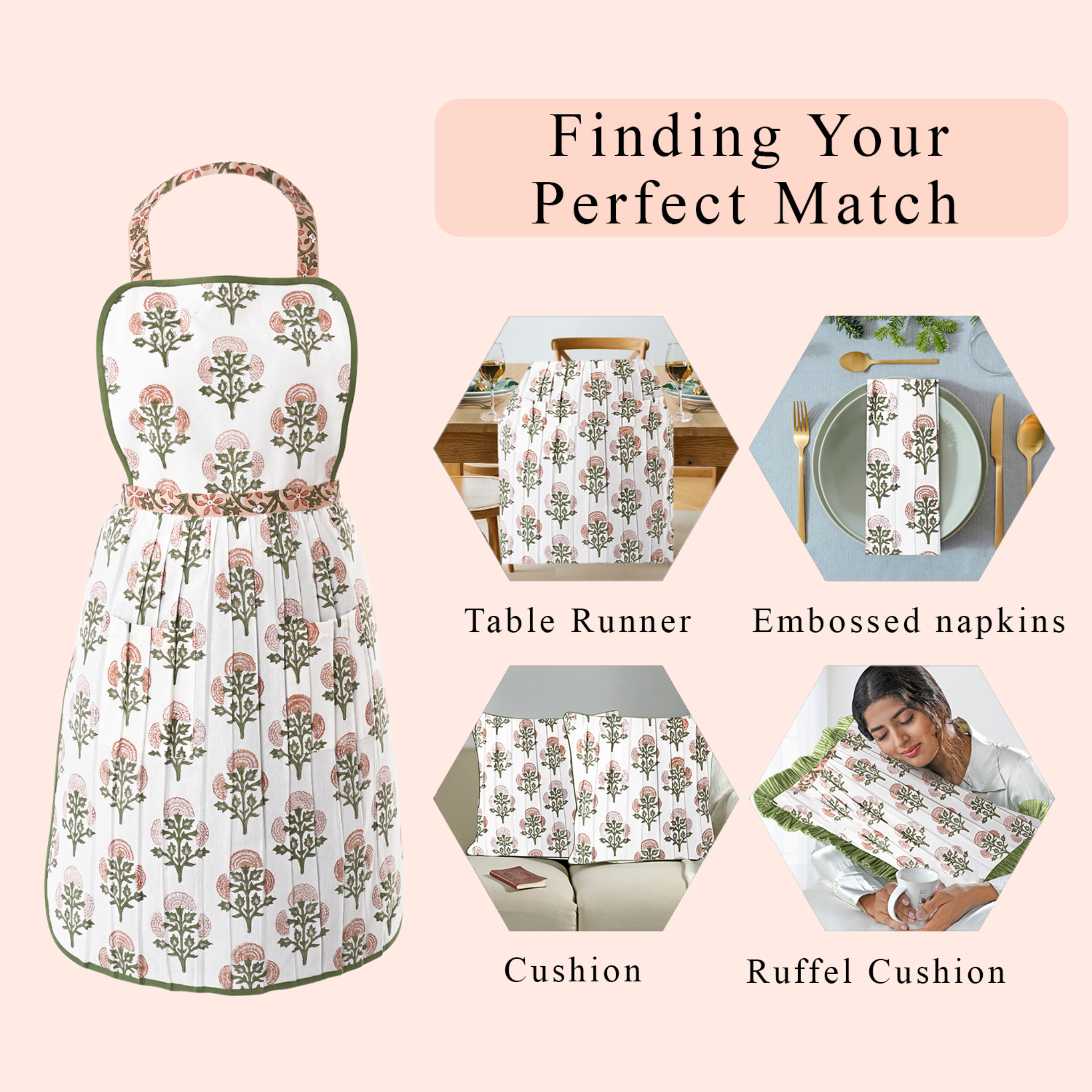 Floral apron with matching tableware on a pink background