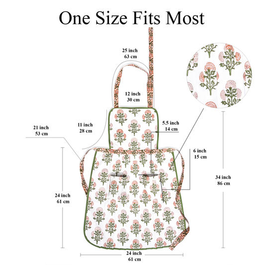 Floral apron with measurements on a white background