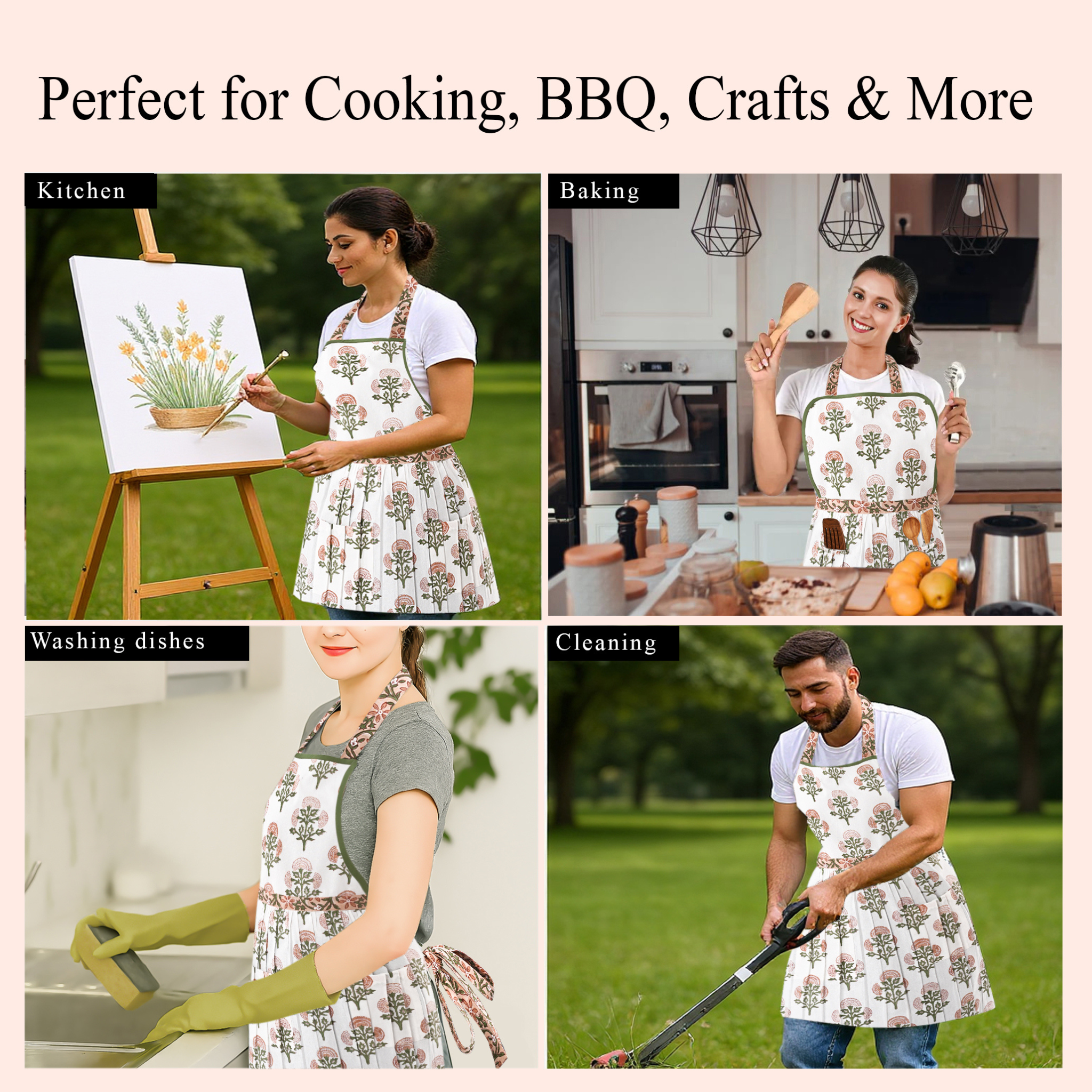 Collage of people wearing aprons in various activities with text 'Perfect for Cooking, BBQ, Crafts & More'.